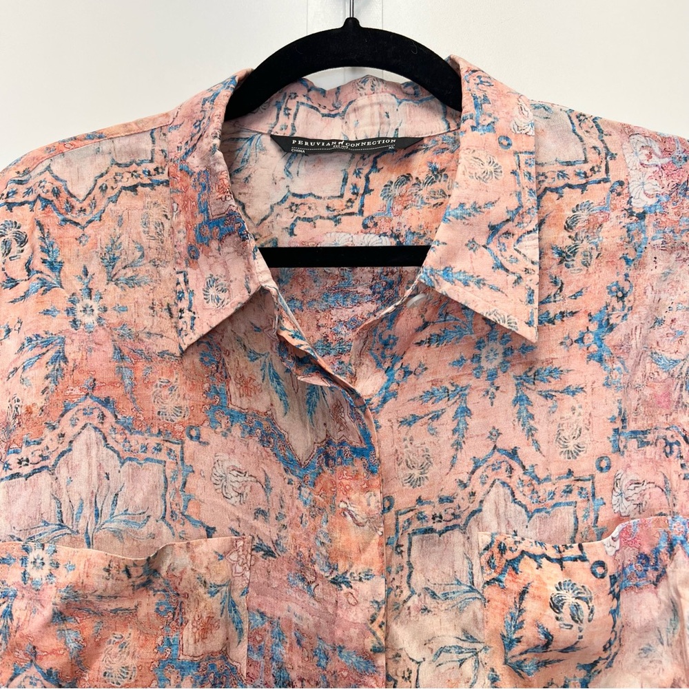 Peruvian Connection Liliana Button Down Shirt Size XL Vintage Inspired Print - Picture 6 of 8